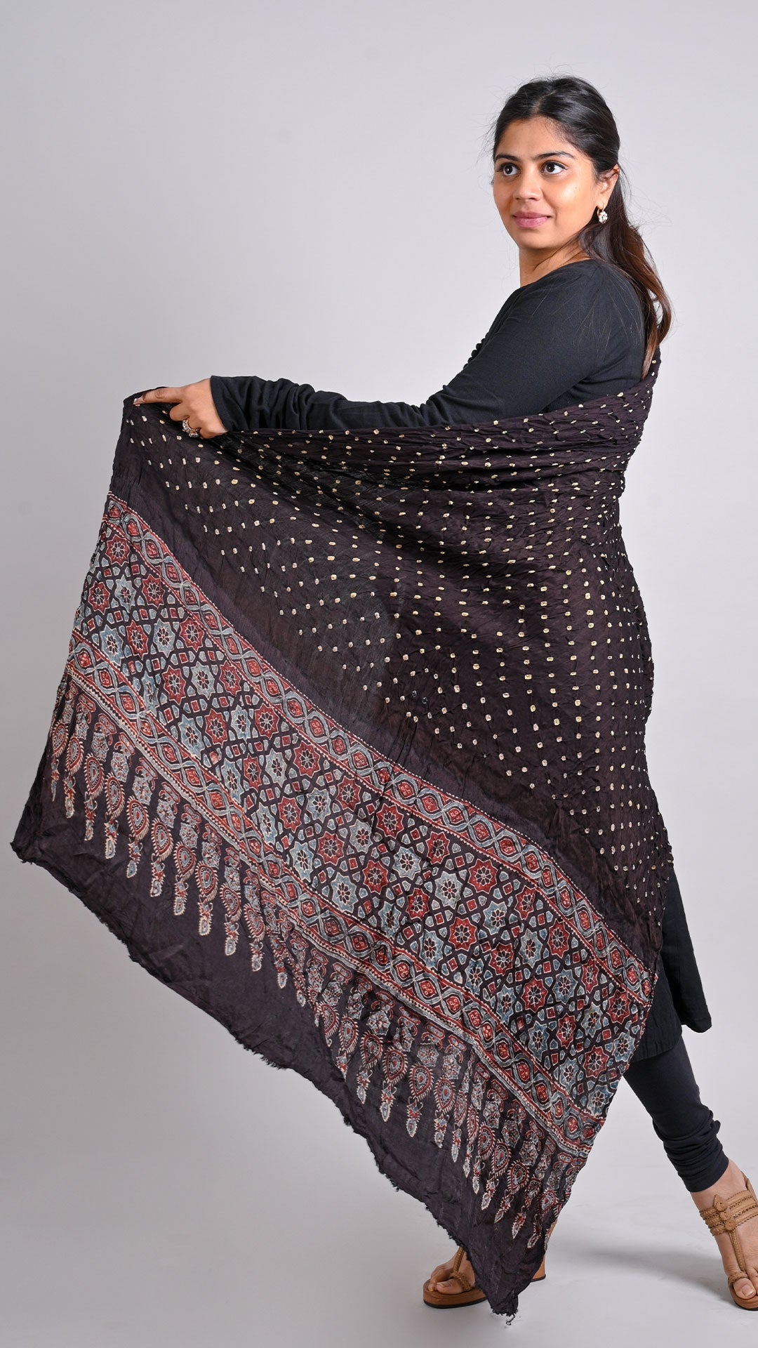 Black Bandhani Ajrakh Dupatta In Modal Silk