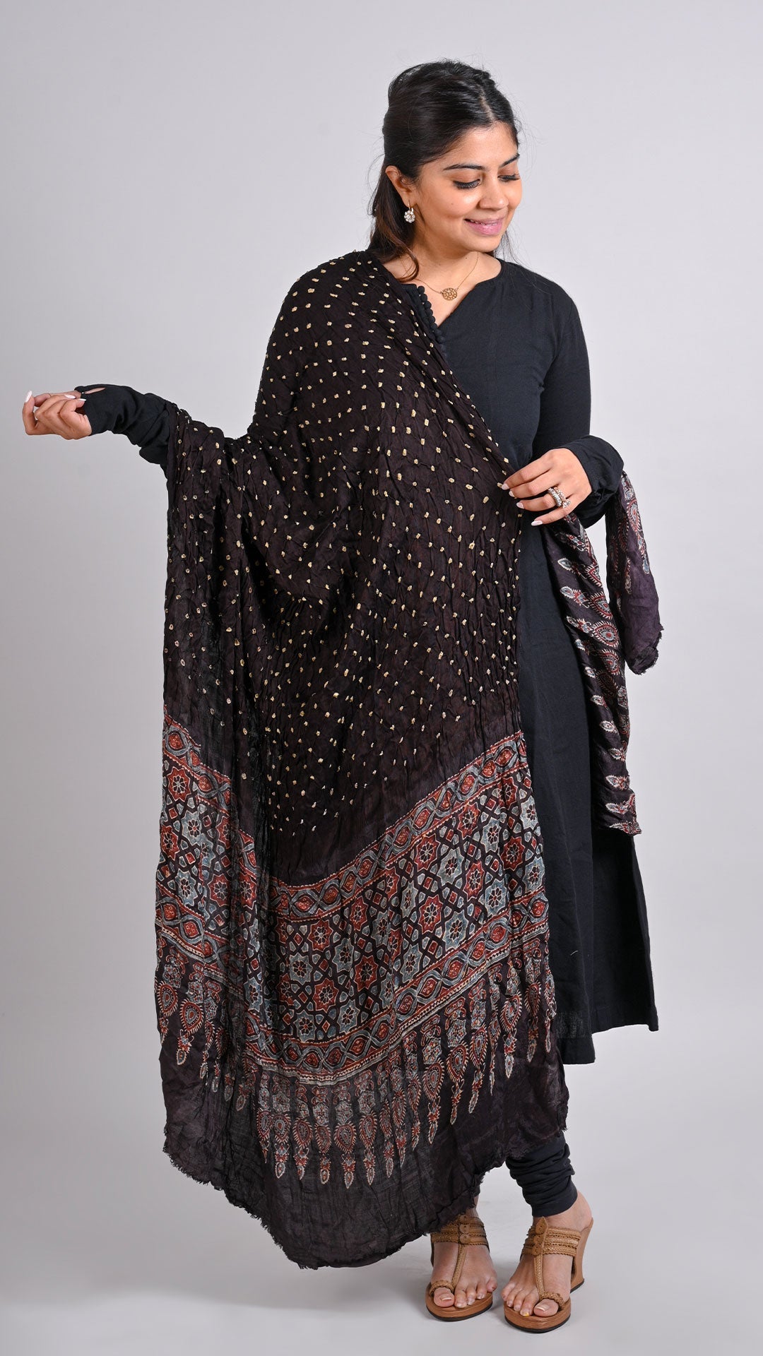 Black Bandhani Ajrakh Dupatta In Modal Silk