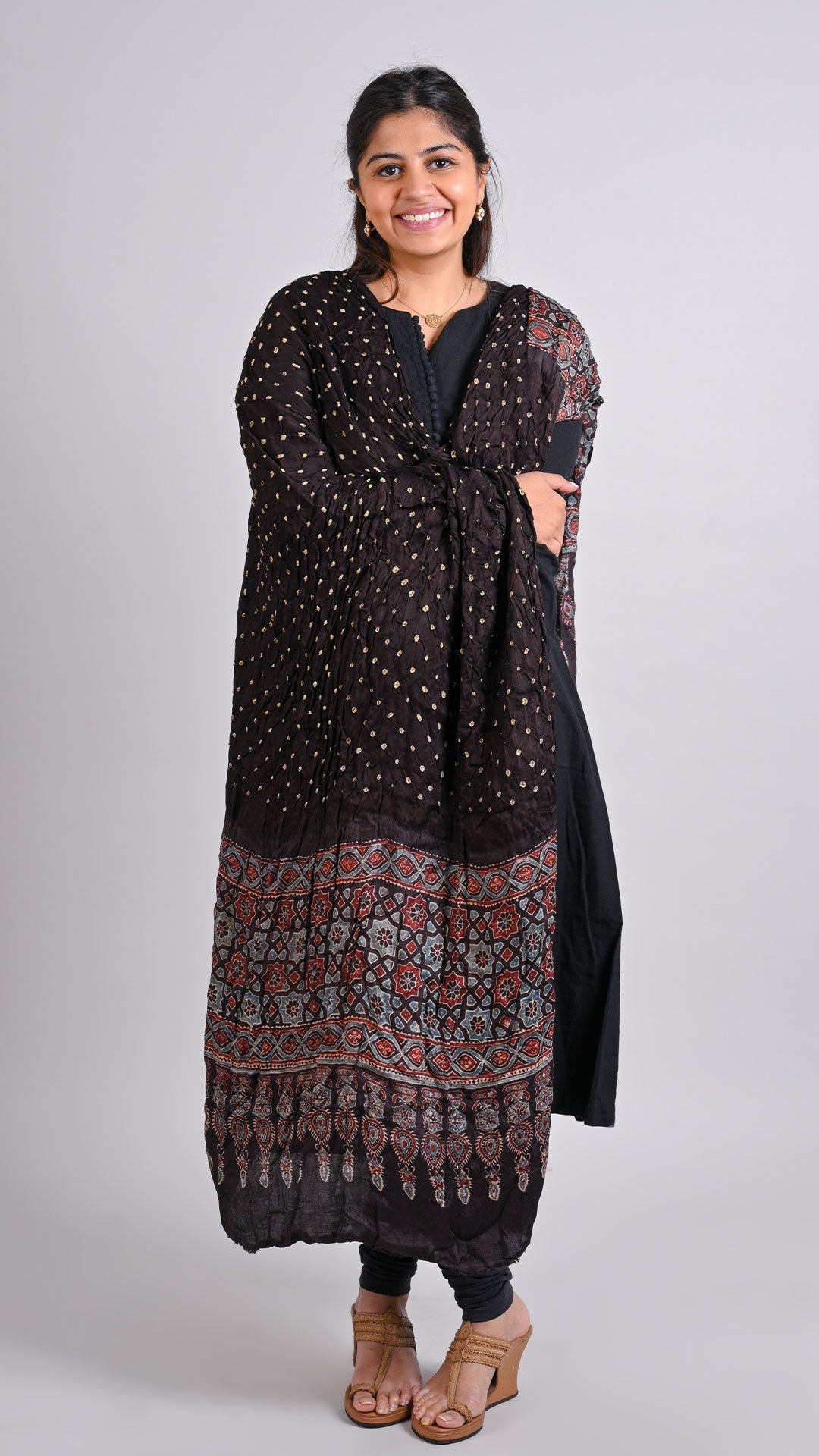 Black Bandhani Ajrakh Dupatta In Modal Silk