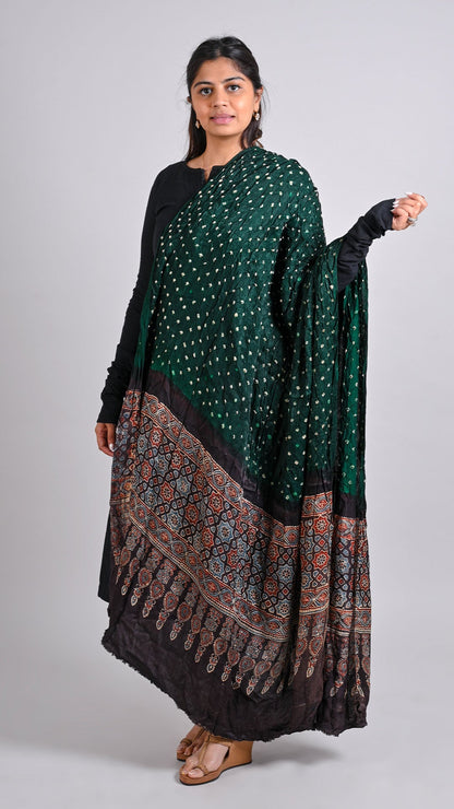 Bottle Green - Black Bandhani Ajrakh Dupatta In Modal Silk