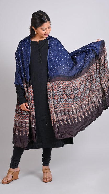 Navy Blue - Black Bandhani Ajrakh Dupatta In Modal Silk