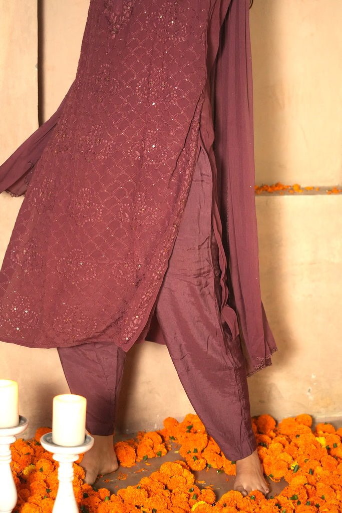 Fara chikankari and mukaish crepe set in Brown