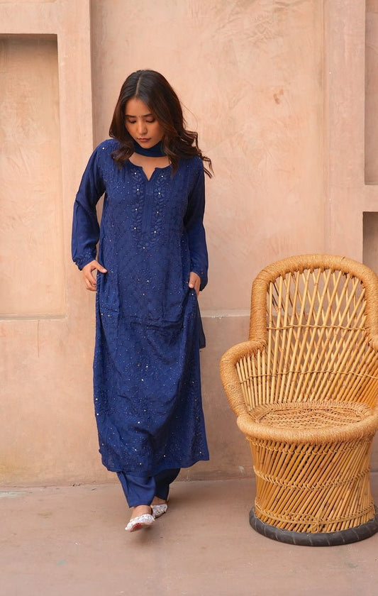 Fara chikankari and mukaish crepe set in Blue