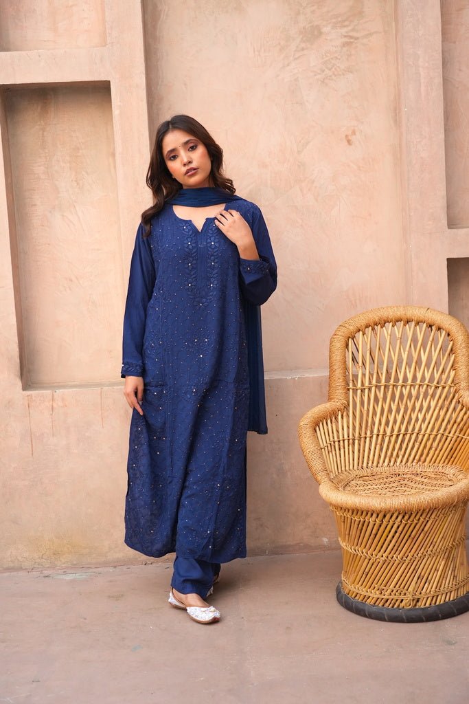 Fara chikankari and mukaish crepe set in Blue