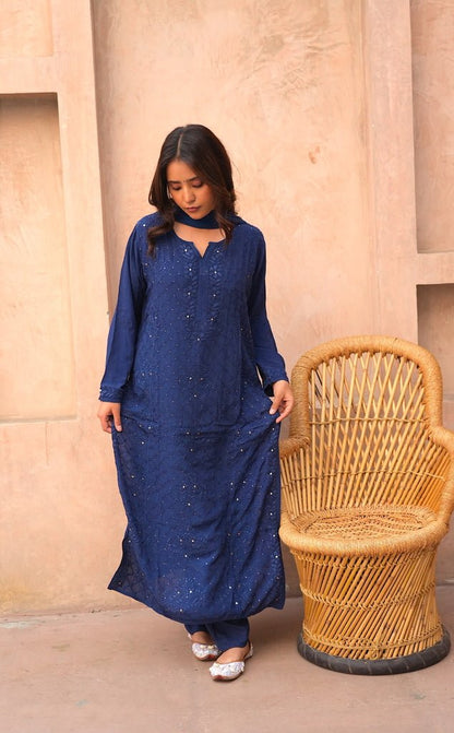 Fara chikankari and mukaish crepe set in Blue