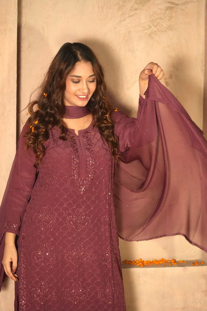 Fara chikankari and mukaish crepe set in Brown