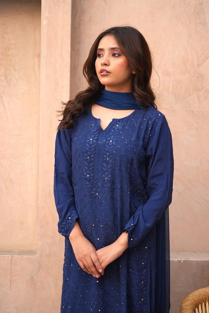 Fara chikankari and mukaish crepe set in Blue