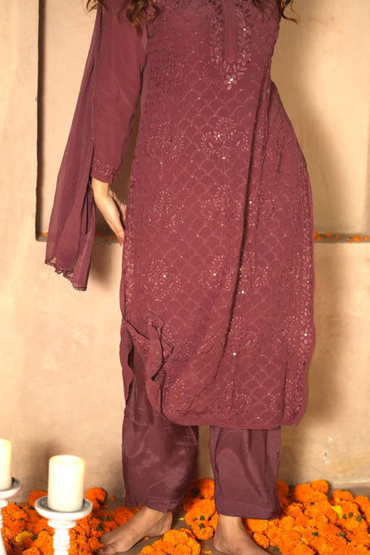 Fara chikankari and mukaish crepe set in Brown