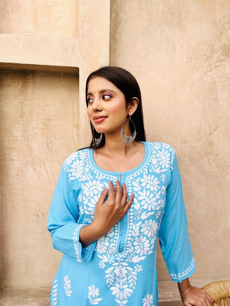 Premium rayon chikankari kurti in Sky blue