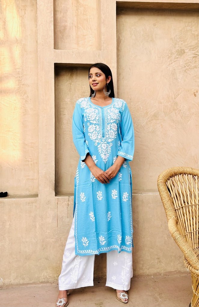 Premium rayon chikankari kurti in Sky blue