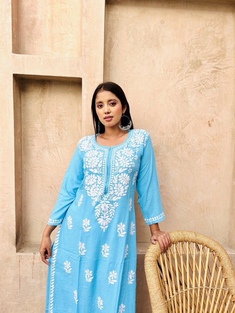 Premium rayon chikankari kurti in Sky blue