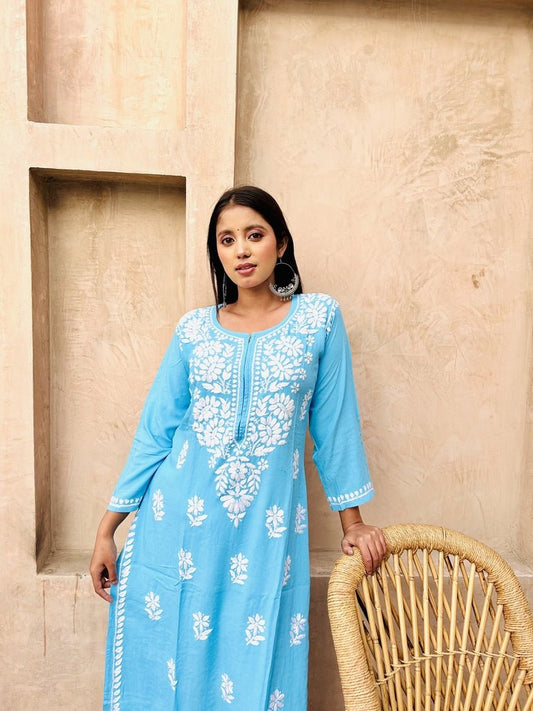 Premium rayon chikankari kurti in Sky blue