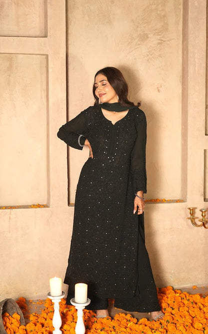 Noor Chikankari and mukaish work set in Black