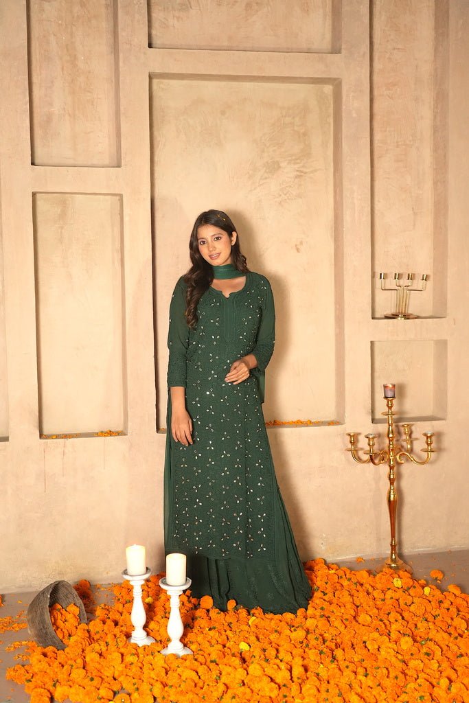 Inara chikankari and mirror work kurti in green