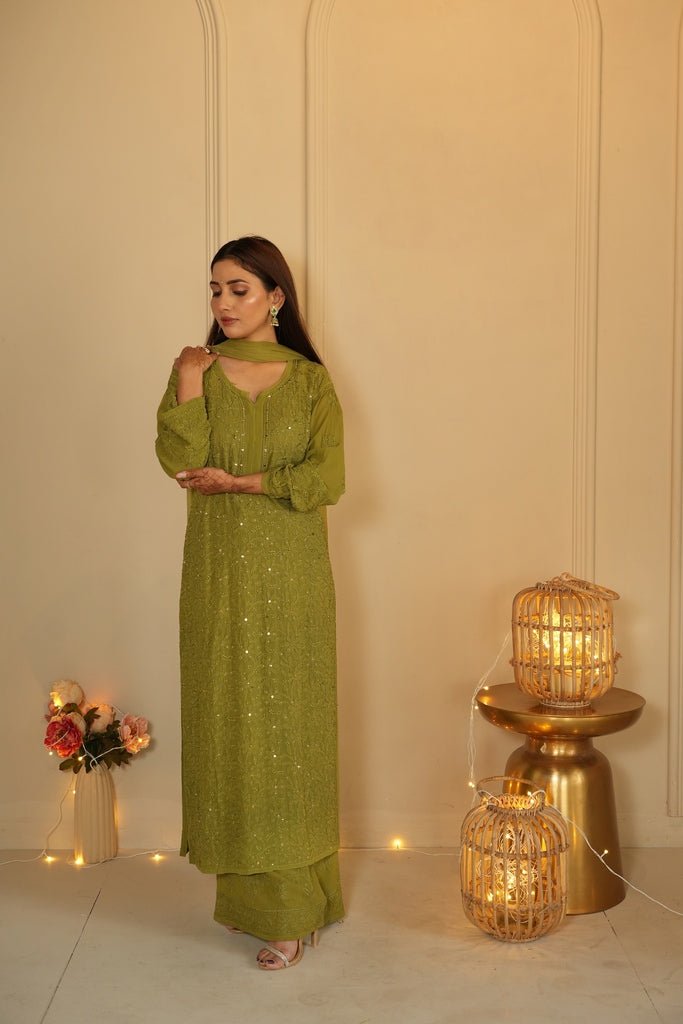 Noor chikankari and mukaish work Kurti in green