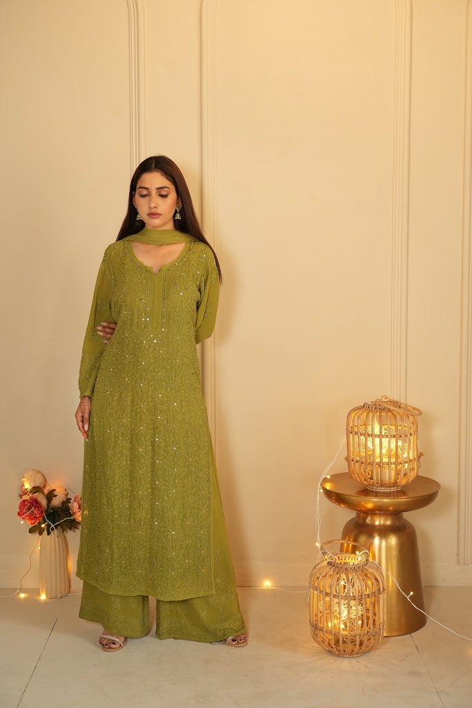 Noor Chikankari and mukaish work set in Green