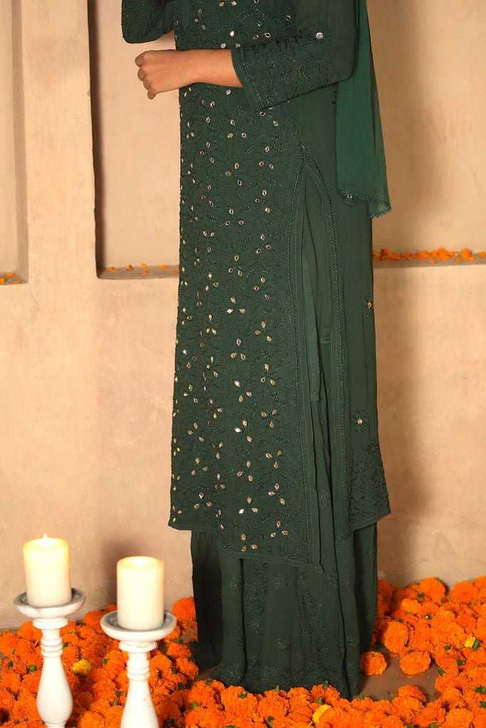 Inara chikankari and mirror work kurti in green