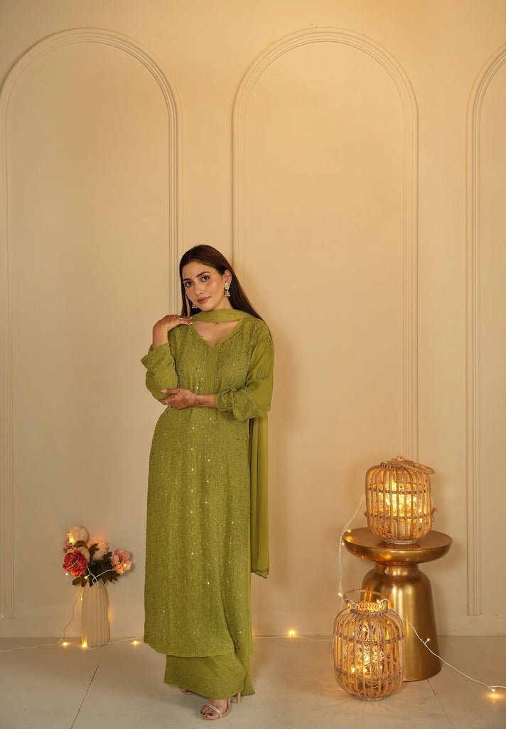 Noor Chikankari and mukaish work set in Green