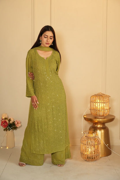 Noor Chikankari and mukaish work set in Green