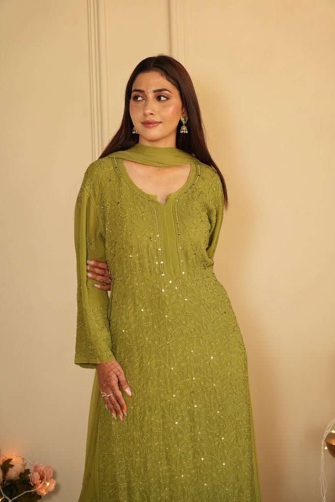 Noor chikankari and mukaish work Kurti in green