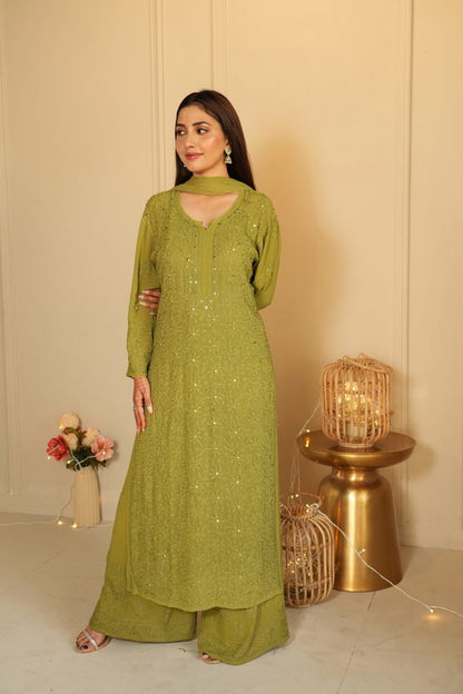 Noor Chikankari and mukaish work set in Green