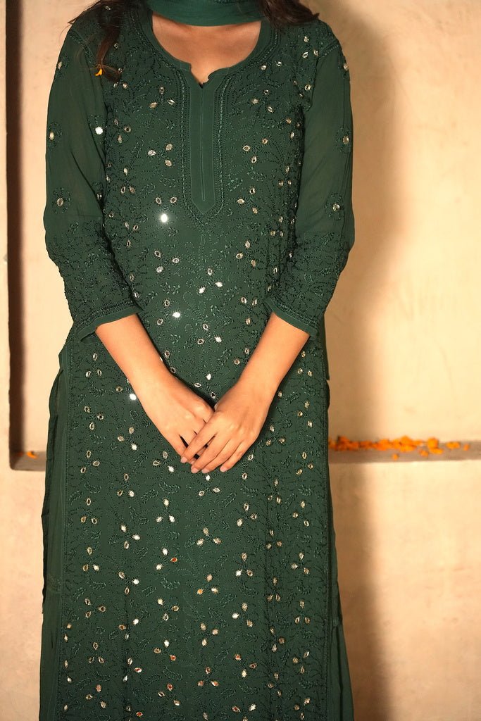 Inara chikankari and mirror work kurti in green