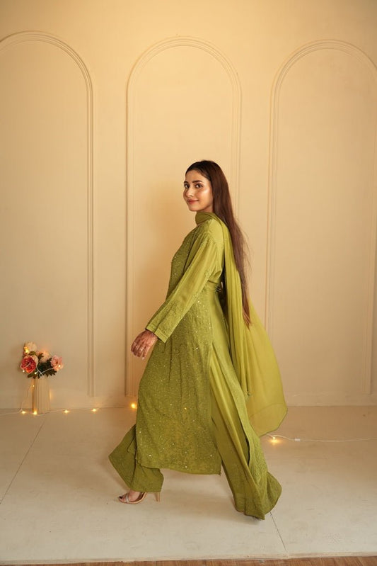 Noor Chikankari and mukaish work set in Green