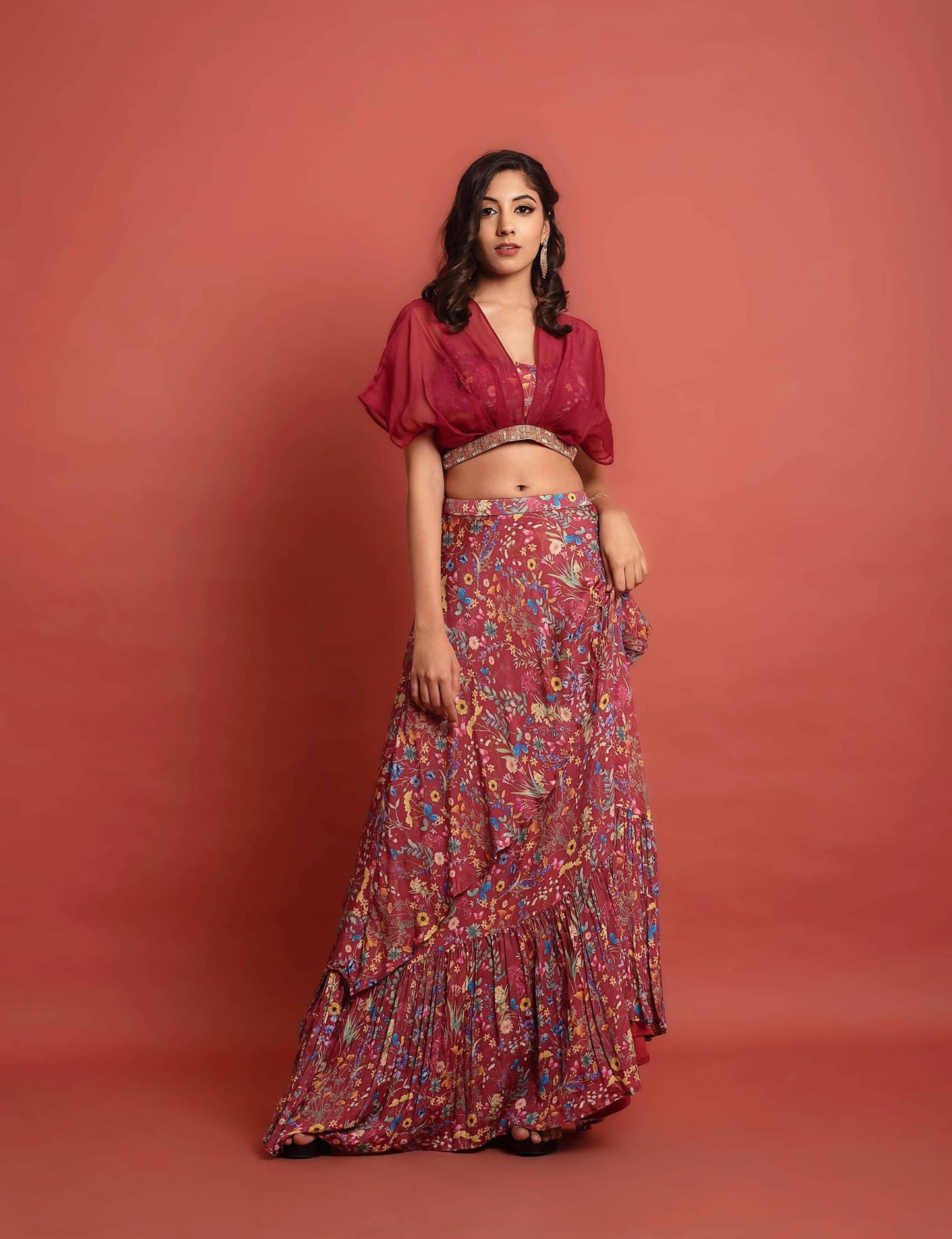 Deep Red Kimono Lehenga Set