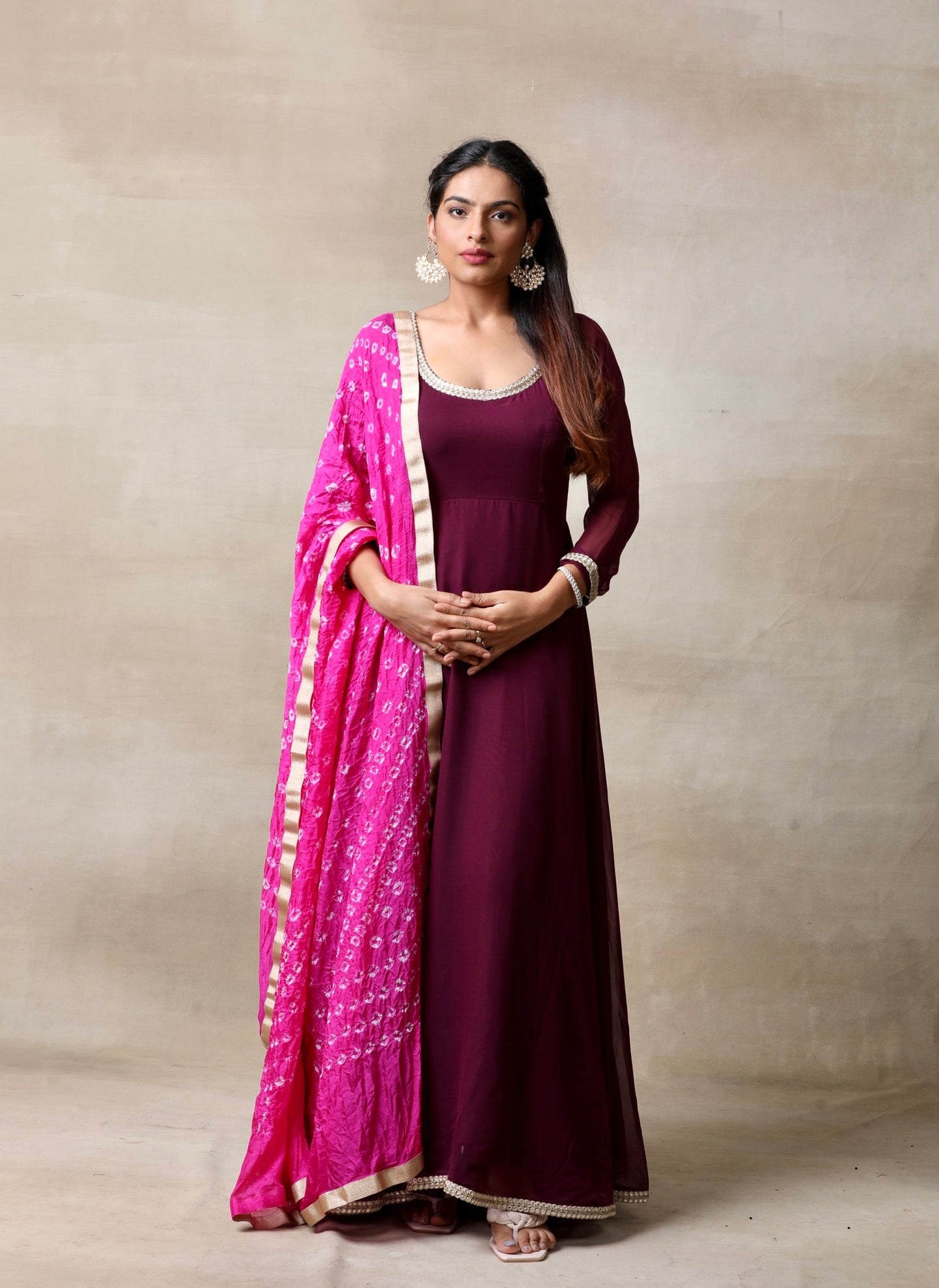 Wine Anarkali set with Bandhani Dupatta