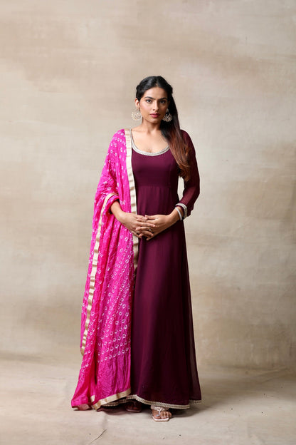 Wine Anarkali set with Bandhani Dupatta