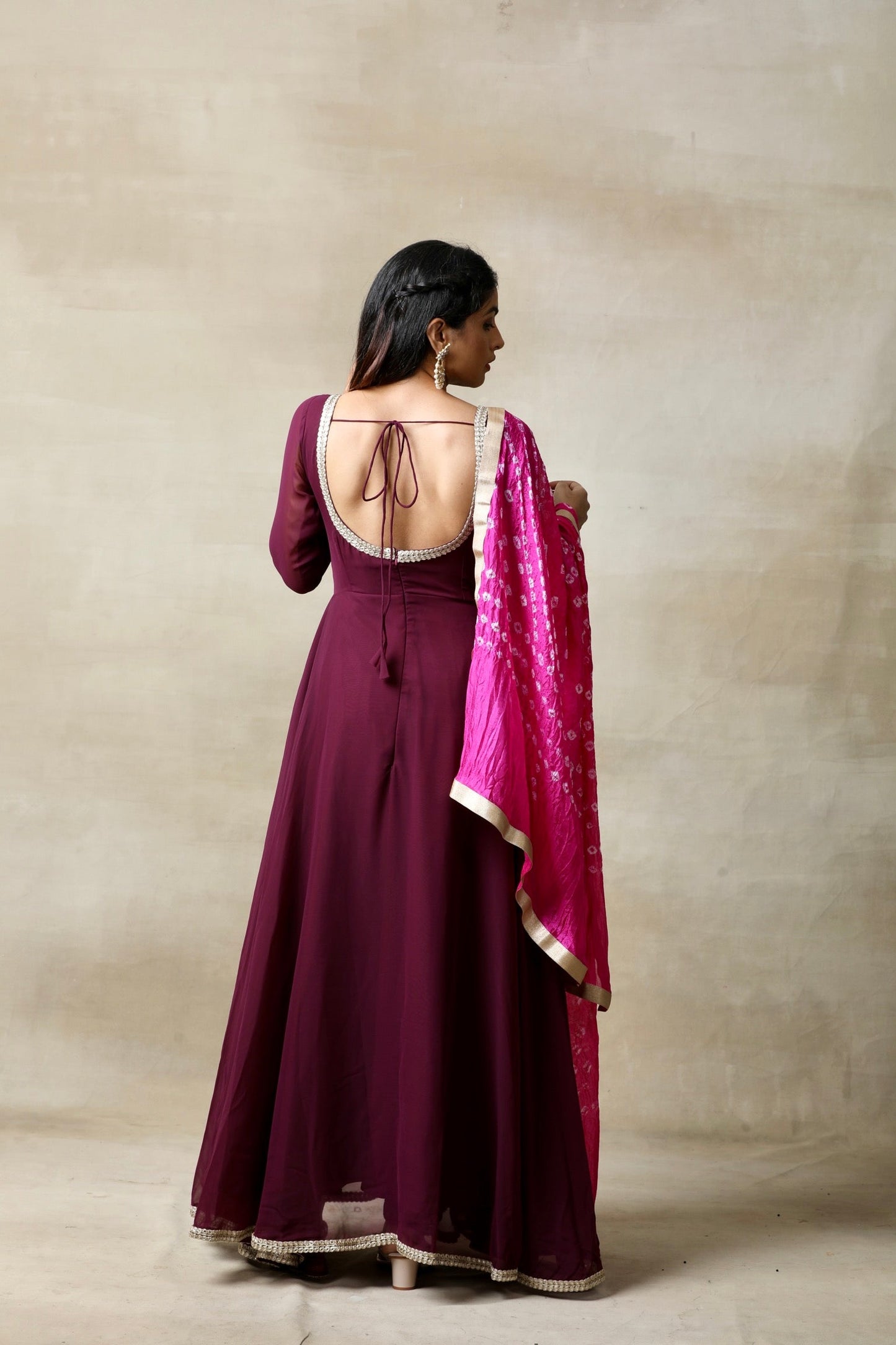 Wine Anarkali set with Bandhani Dupatta