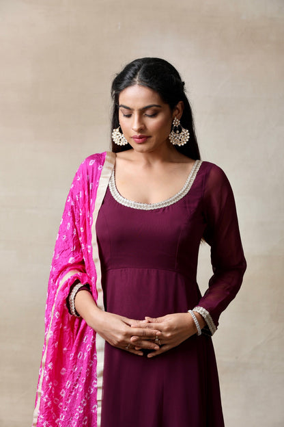 Wine Anarkali set with Bandhani Dupatta