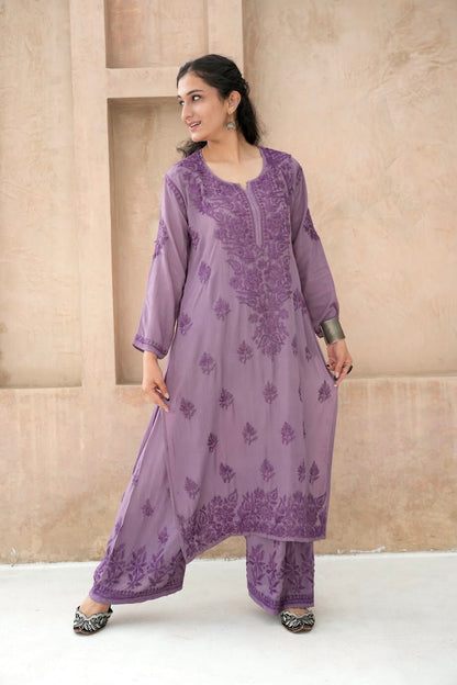 Gulbahar Chikanakri kurti in Grape purple