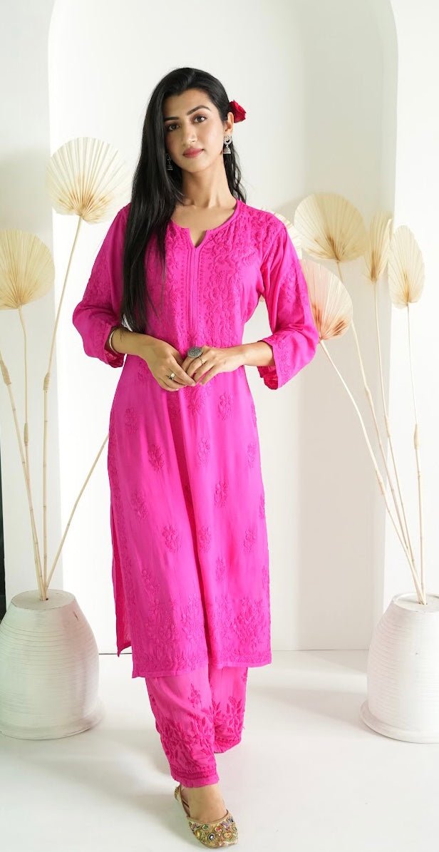 Gulbahar Chikanakri kurti in hot pink