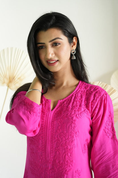 Gulbahar Chikanakri kurti in hot pink