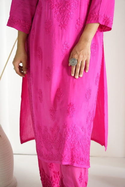 Gulbahar Chikanakri kurti in hot pink