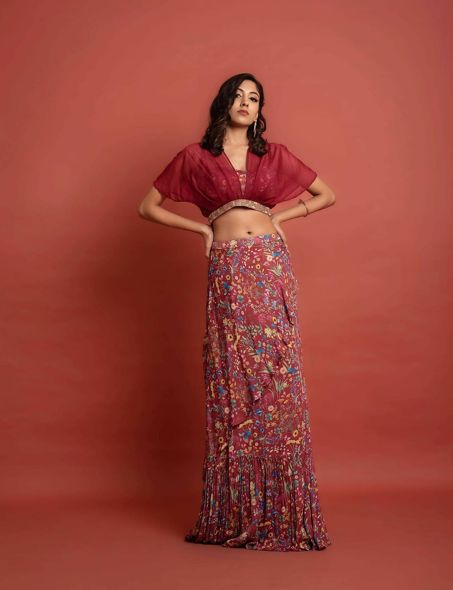 Deep Red Kimono Lehenga Set