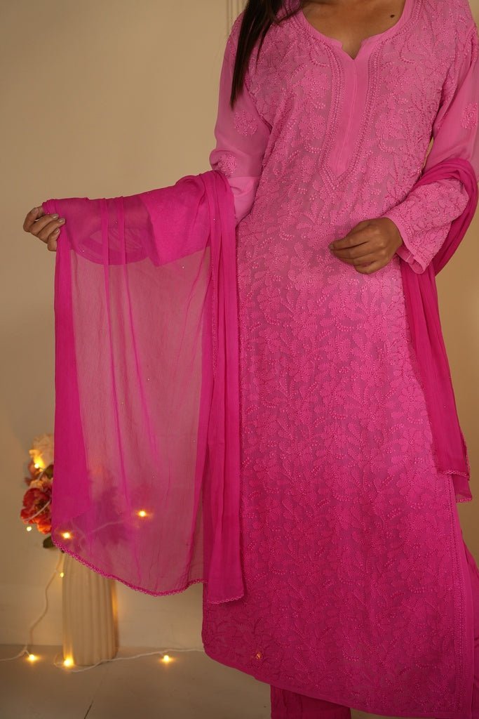 Hoor chikankari set in Pink ombre