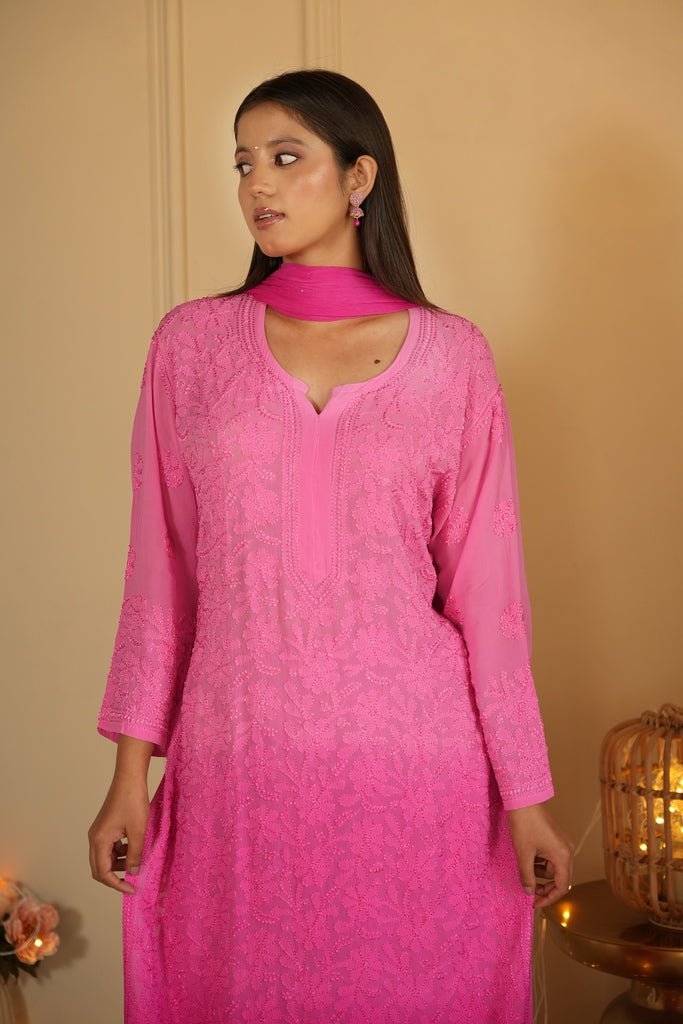 Hoor chikankari set in Pink ombre