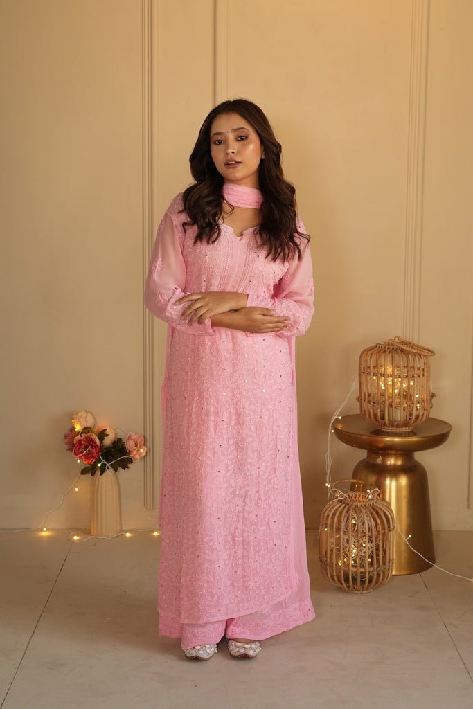 Noor chikankari and mukaish work Kurti in pink