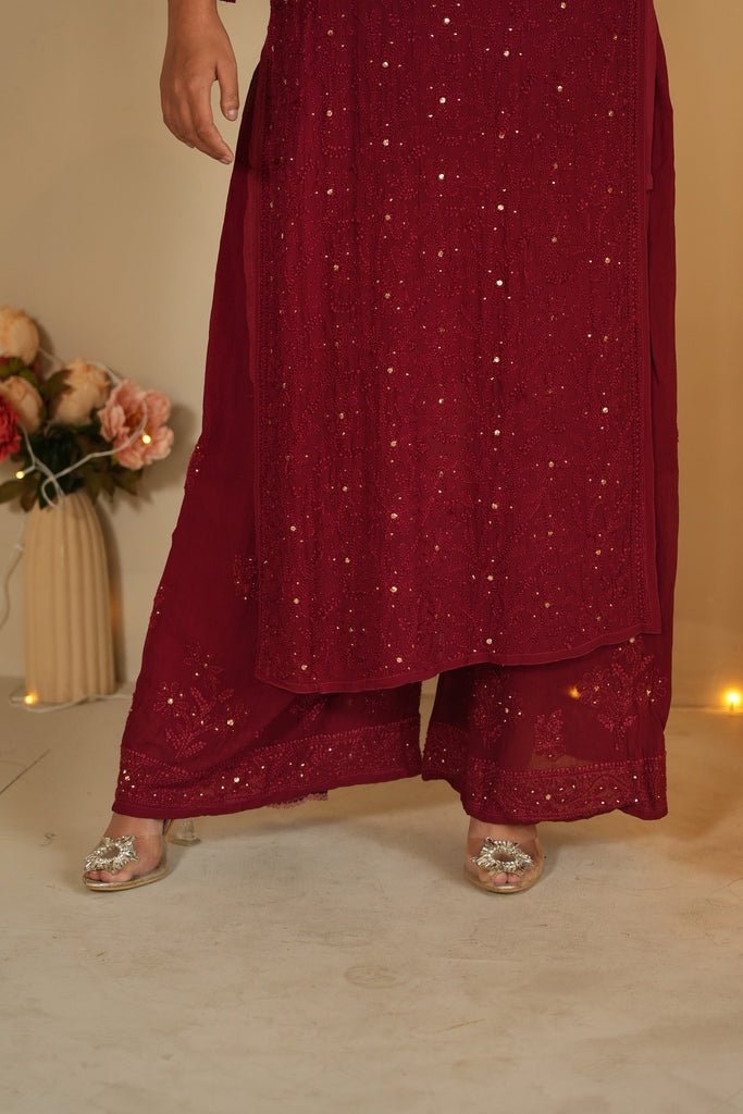 Noor Chikankari and mukaish work set in Maroon