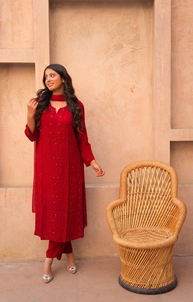 Fara chikankari and mukaish crepe set in red