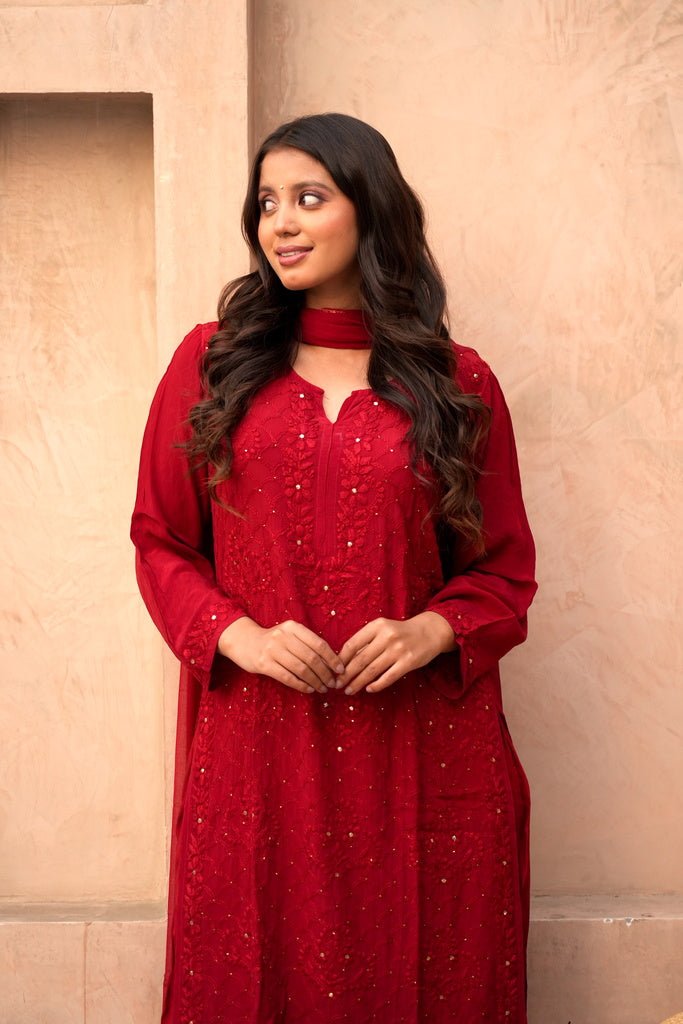 Fara chikankari and mukaish crepe set in red