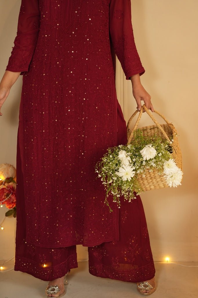 Noor Chikankari and mukaish work set in Maroon