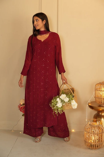 Noor Chikankari and mukaish work set in Maroon