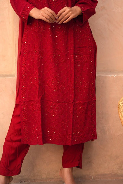 Fara chikankari and mukaish crepe set in red