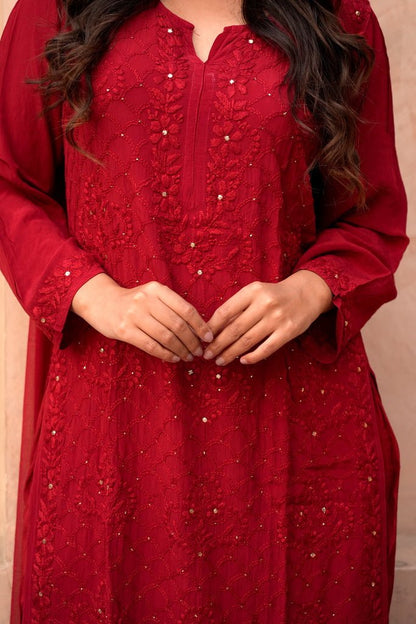 Fara chikankari and mukaish crepe set in red