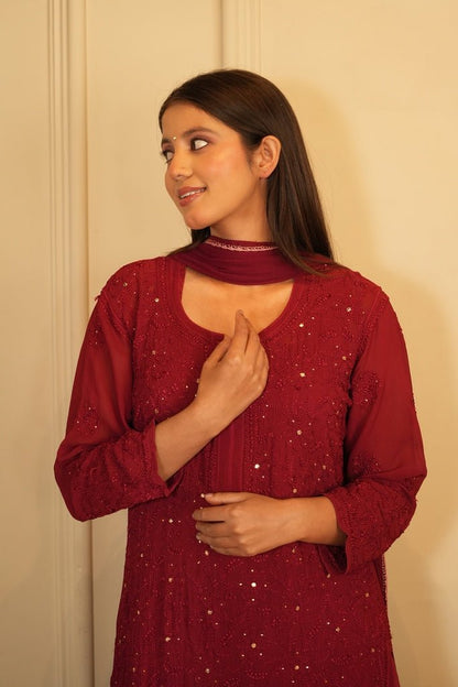 Noor Chikankari and mukaish work set in Maroon