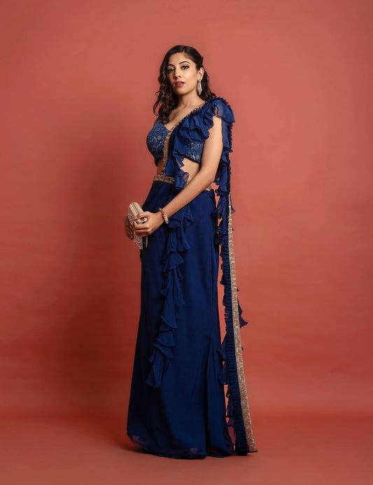 Navy Embroidered Ready to Wear Saree