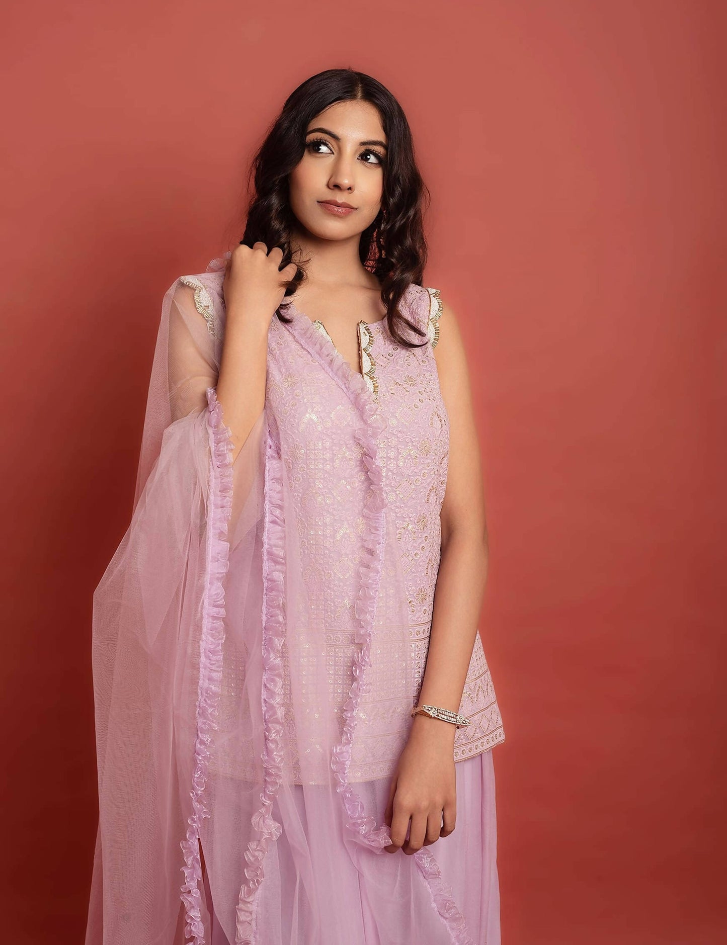 Lilac Embroidered Kurti Set